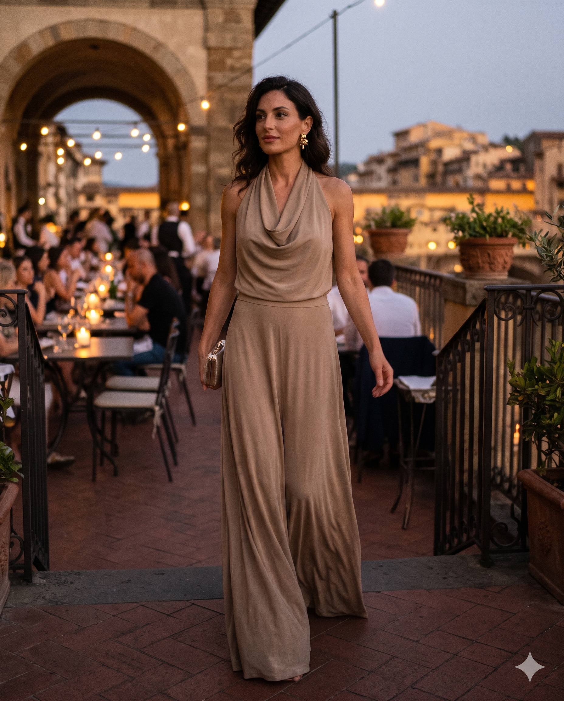 A woman wears a sleek taupe co-ord set made from soft 180 GSM fabric while walking gracefully outdoors at dusk.